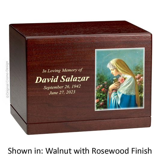 Catholic cremation urn with Paradise Jesus Hugging  Wood finish by Cromo NB