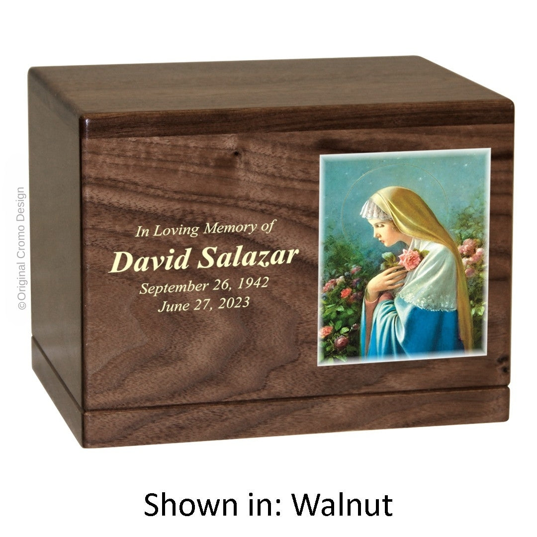 Catholic cremation urn with Mystical Rose  Wood finish by Cromo NB