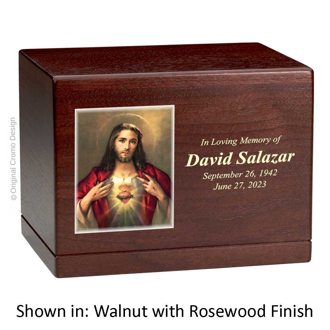 Catholic cremation urn with Mystical Rose  Wood finish by Cromo NB