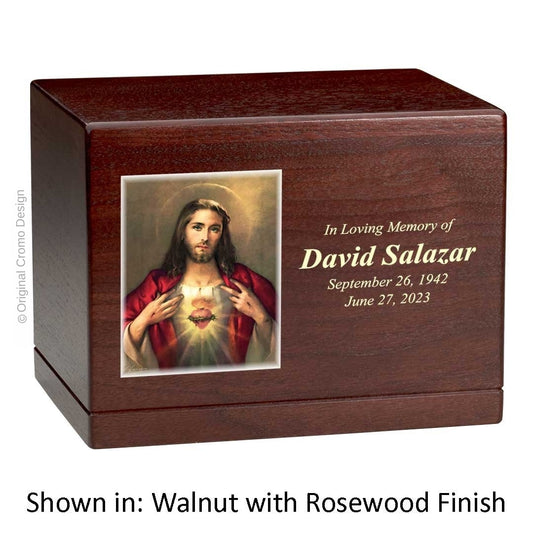 Catholic cremation urn with Mystical Rose  Wood finish by Cromo NB