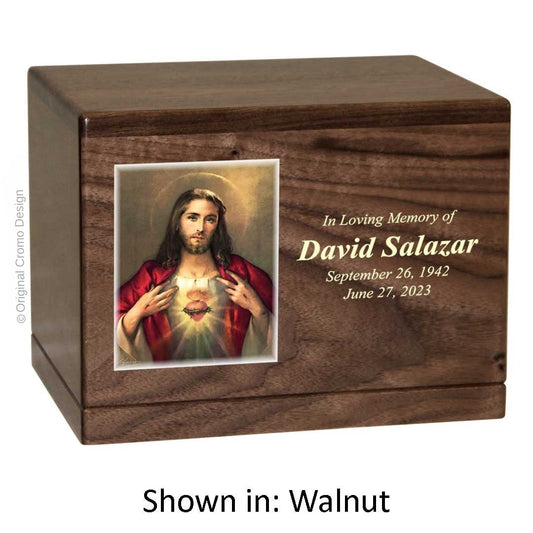 Catholic cremation urn with Sacred Heart of Jesus  Wood finish by Cromo NB