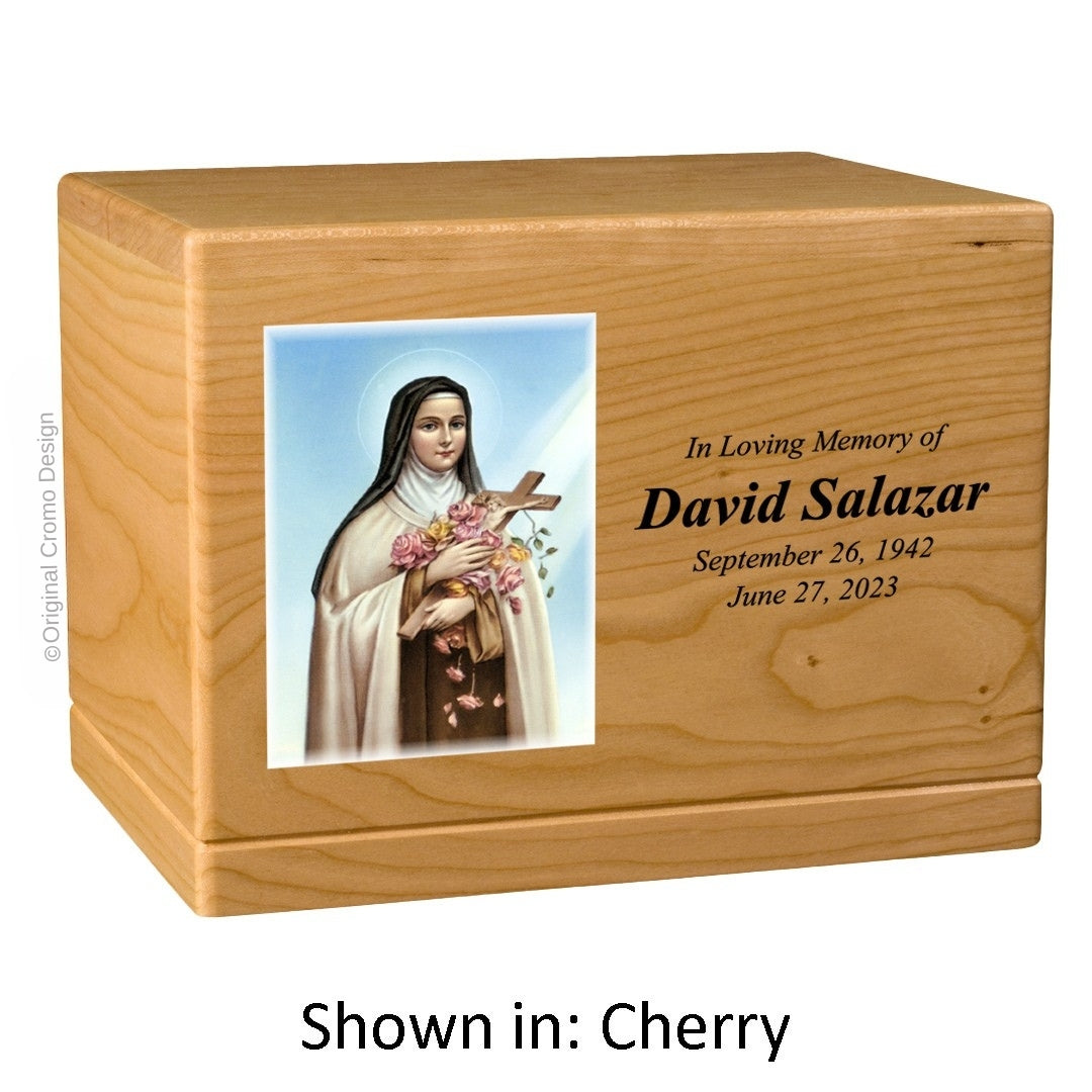 Catholic cremation urn with Saint Therese  Wood finish by Cromo NB