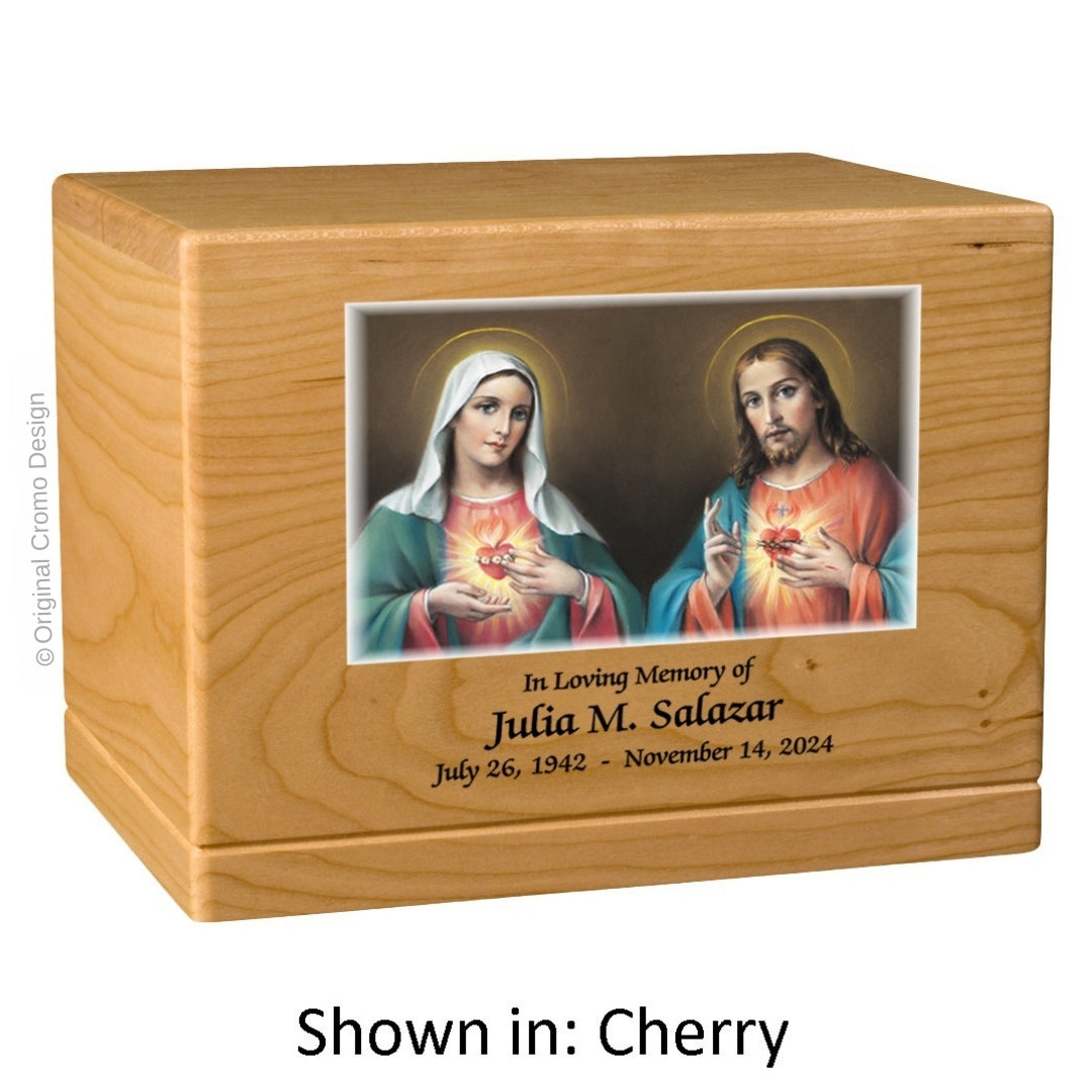 Catholic cremation urn with Twin Hearts  Wood finish by Cromo NB