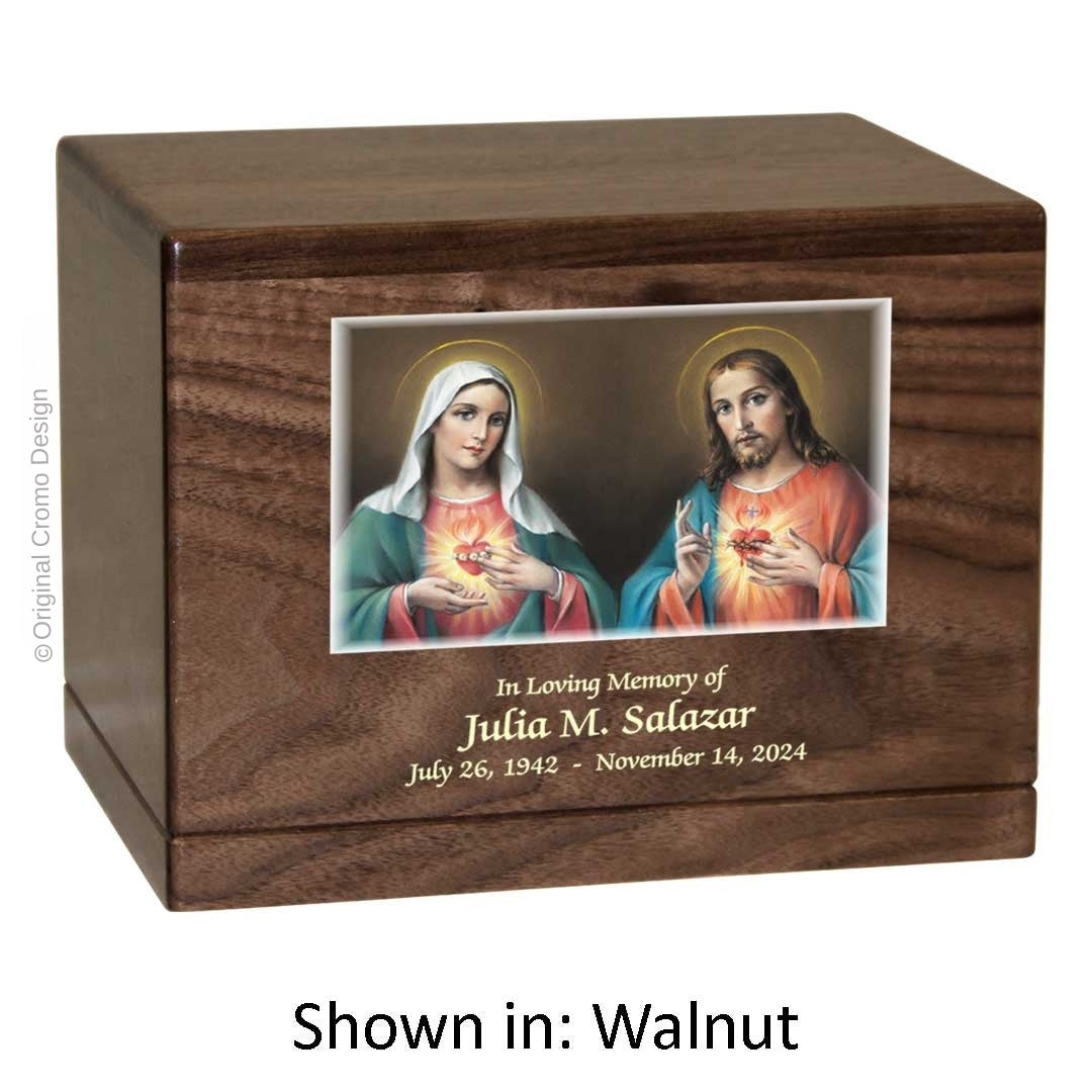 Catholic cremation urn with Twin Hearts  Wood finish by Cromo NB