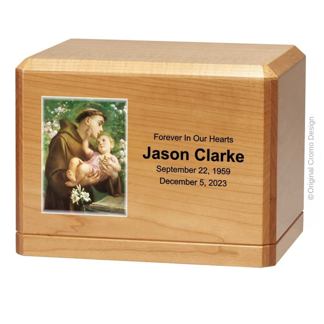 Catholic cremation urn with Saint Anthony  Series finish by Cromo NB