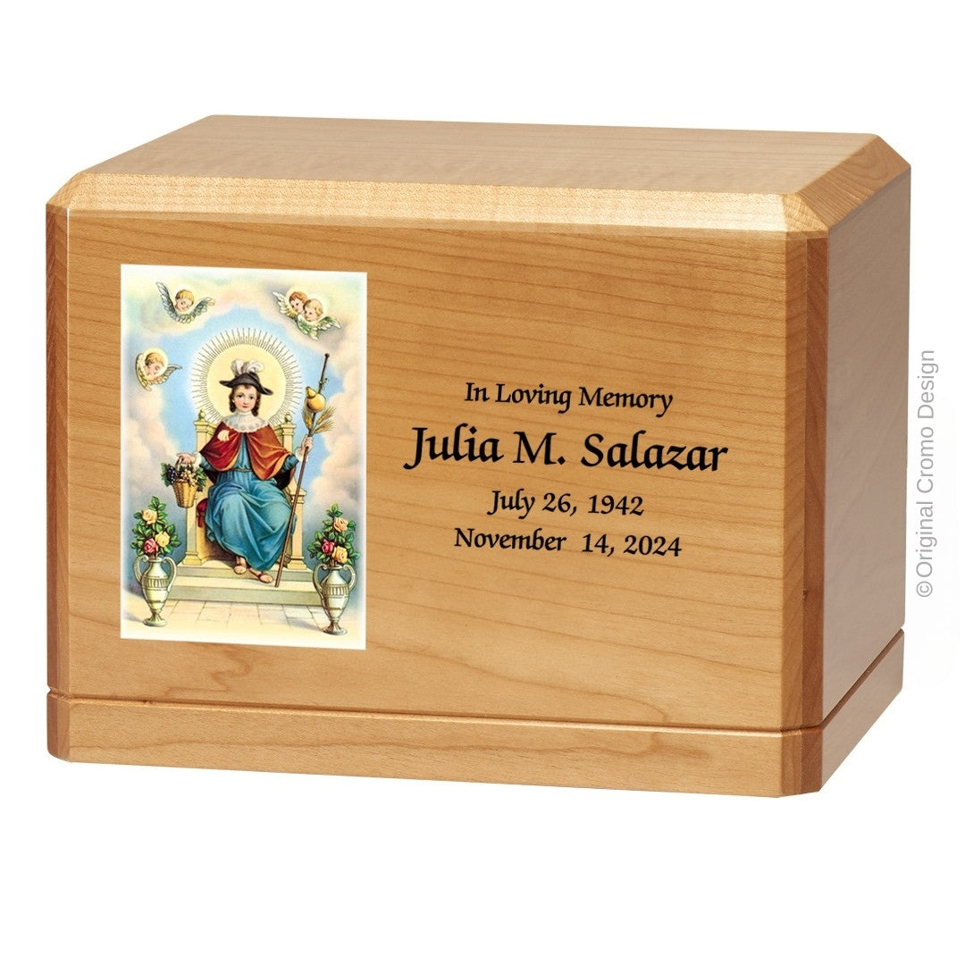 Catholic cremation urn with Child of Atocha  Wood finish by Cromo NB