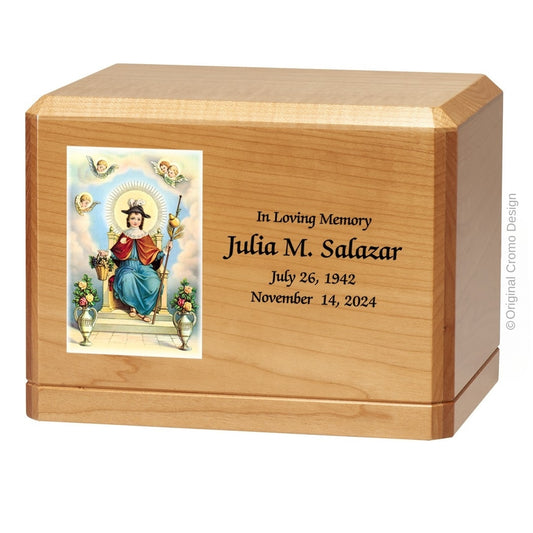 Catholic cremation urn with Child of Atocha  Wood finish by Cromo NB