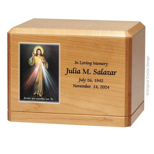 Catholic cremation urn with Divine Mercy Spanish  Wood finish by Cromo NB
