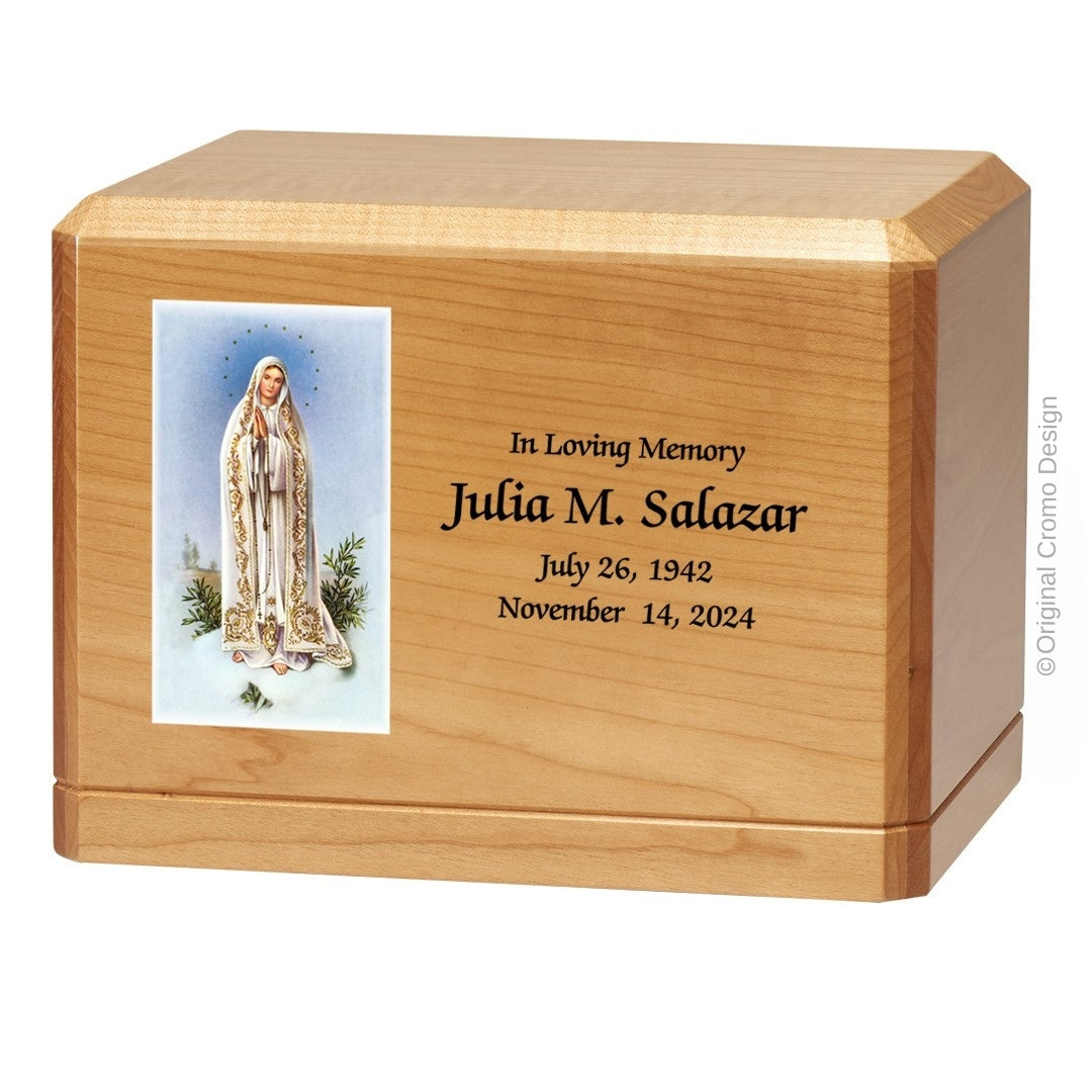 Catholic cremation urn with Our Lady of Fatima  Wood finish by Cromo NB