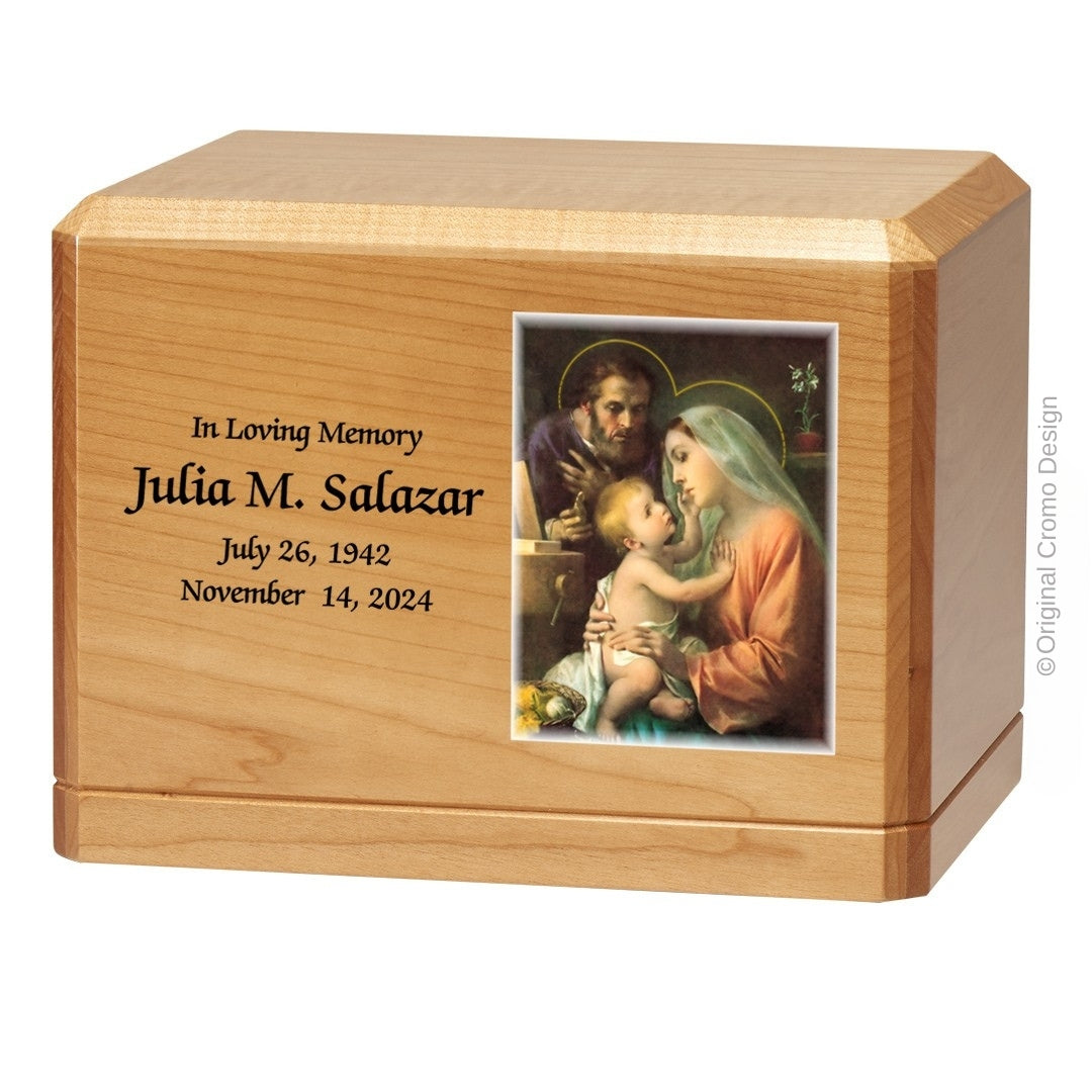 Catholic cremation urn with Holy Family  Wood finish by Cromo NB