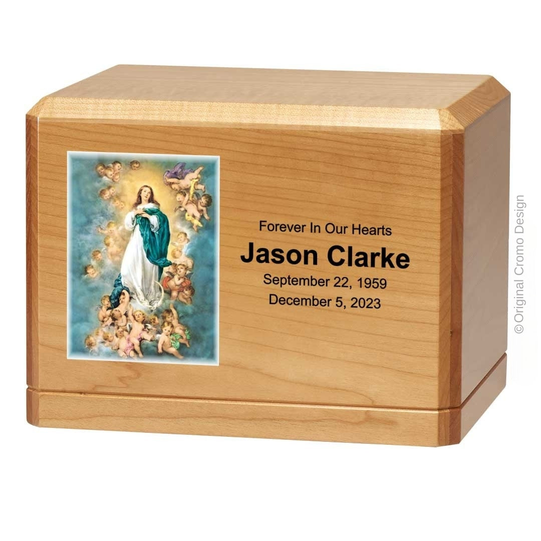 Catholic cremation urn with Immaculate Conception  Wood finish by Cromo NB