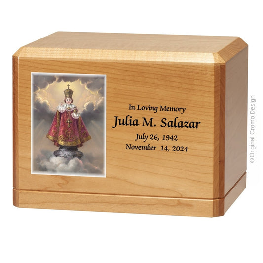 Catholic cremation urn with Infant of Prague  Wood finish by Cromo NB
