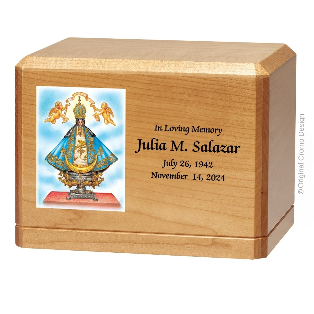 Catholic cremation urn with Our Lady of San Juan de Lagos  Wood finish by Cromo NB