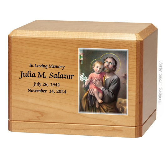 Catholic cremation urn with Saint Joseph  Wood finish by Cromo NB