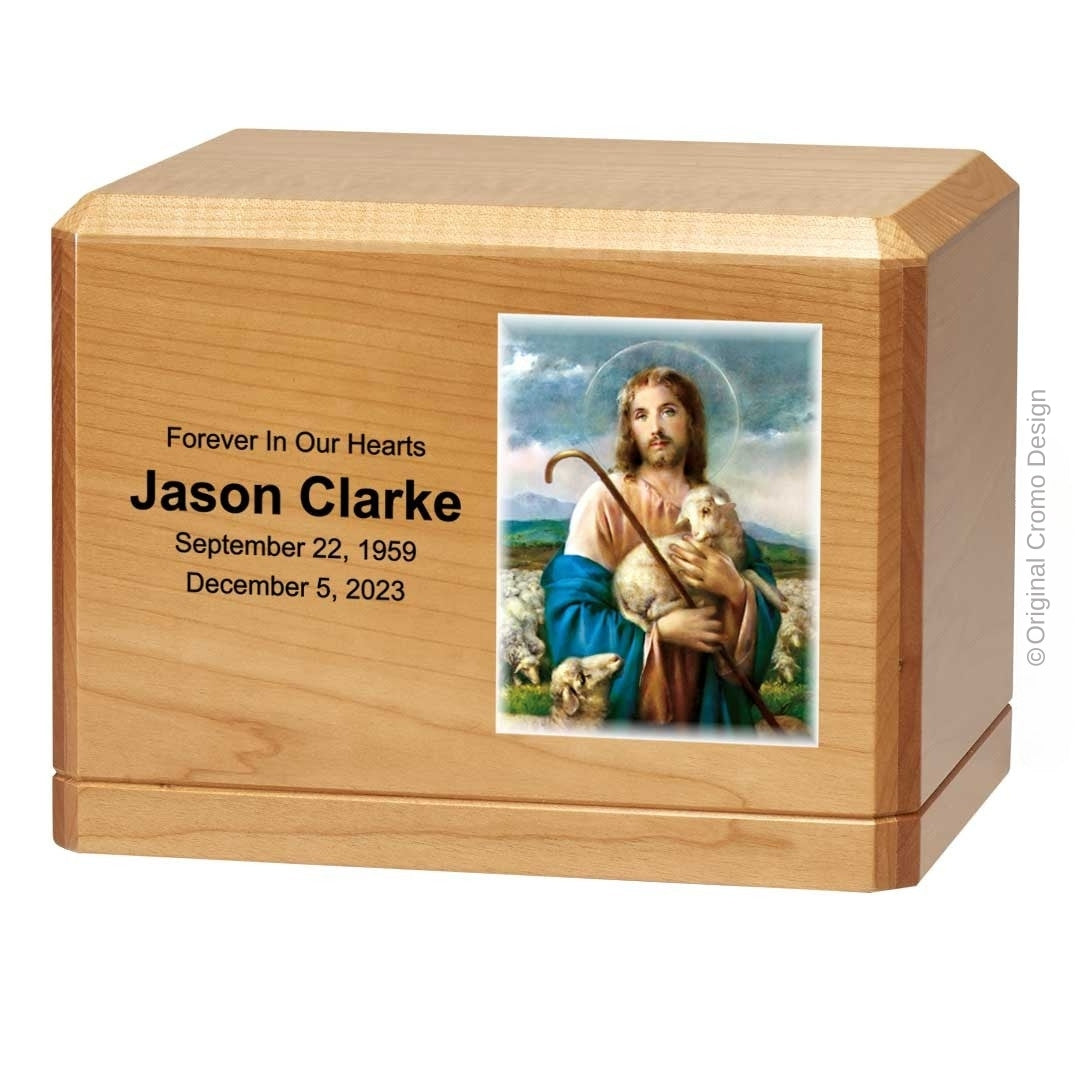 Catholic cremation urn with Jesus Shepherd  Wood finish by Cromo NB
