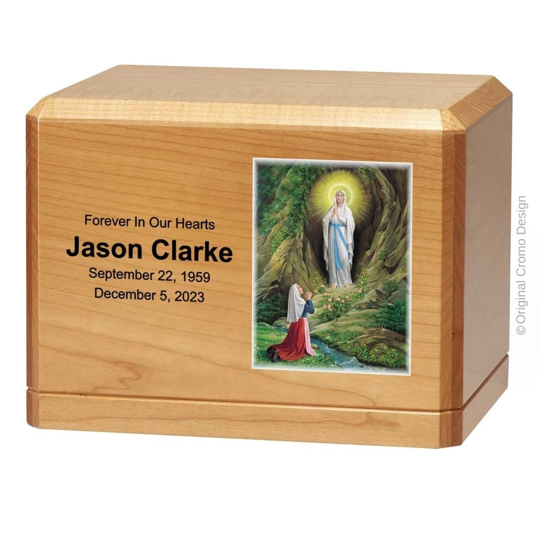 Catholic cremation urn with Our Lady of Lourdes  Wood finish by Cromo NB