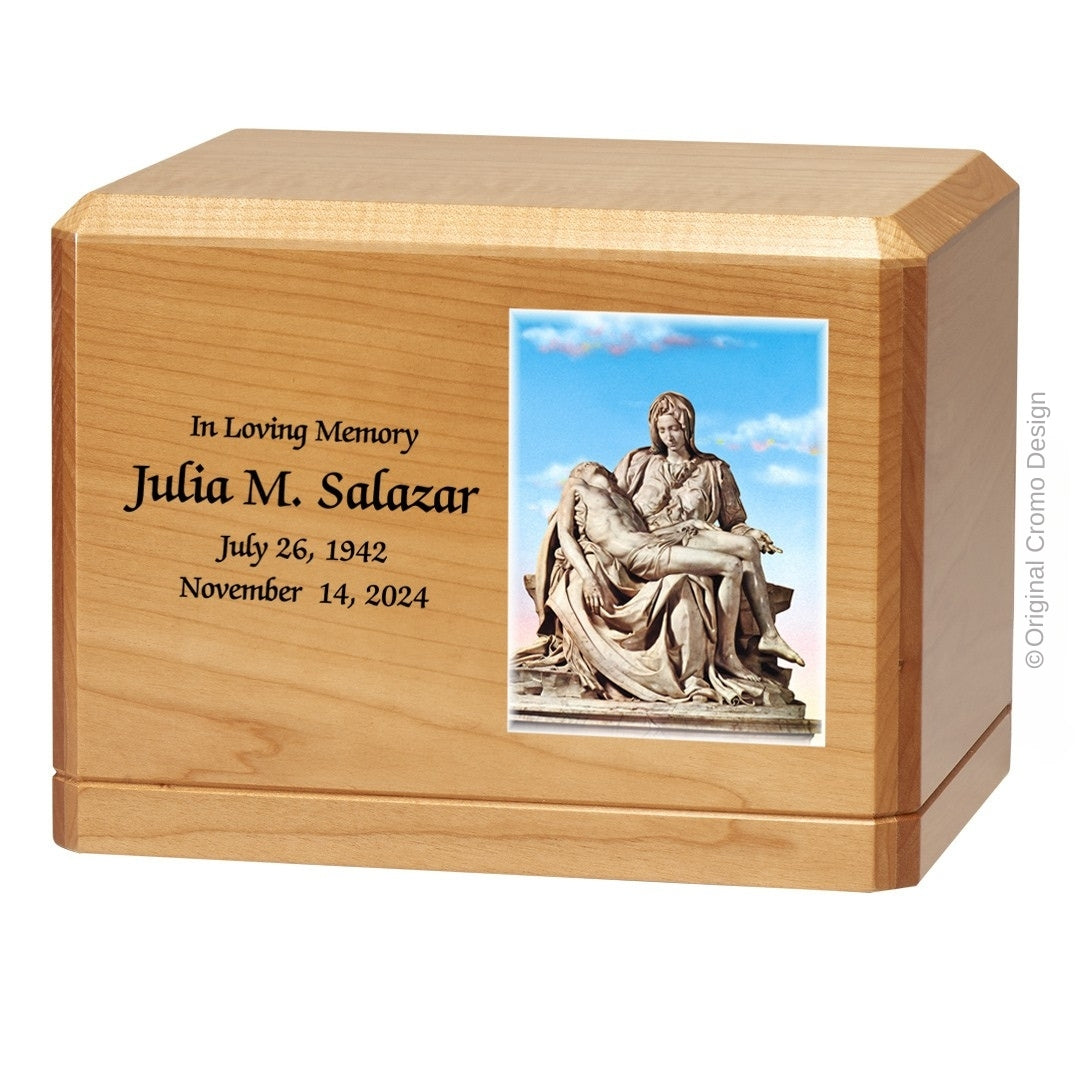 Catholic cremation urn with Pieta Michelangelo  Wood finish by Cromo NB