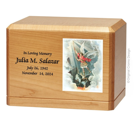Catholic cremation urn with Saint Michael Archangel  Wood finish by Cromo NB