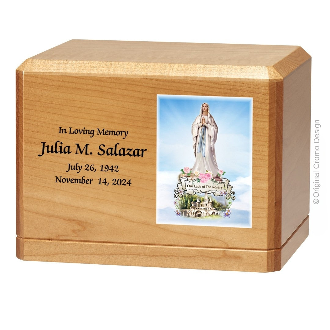 Catholic cremation urn with Our Lady of the Rosary  Wood finish by Cromo NB