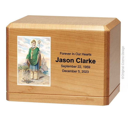 Catholic cremation urn with Saint Patrick  Wood finish by Cromo NB