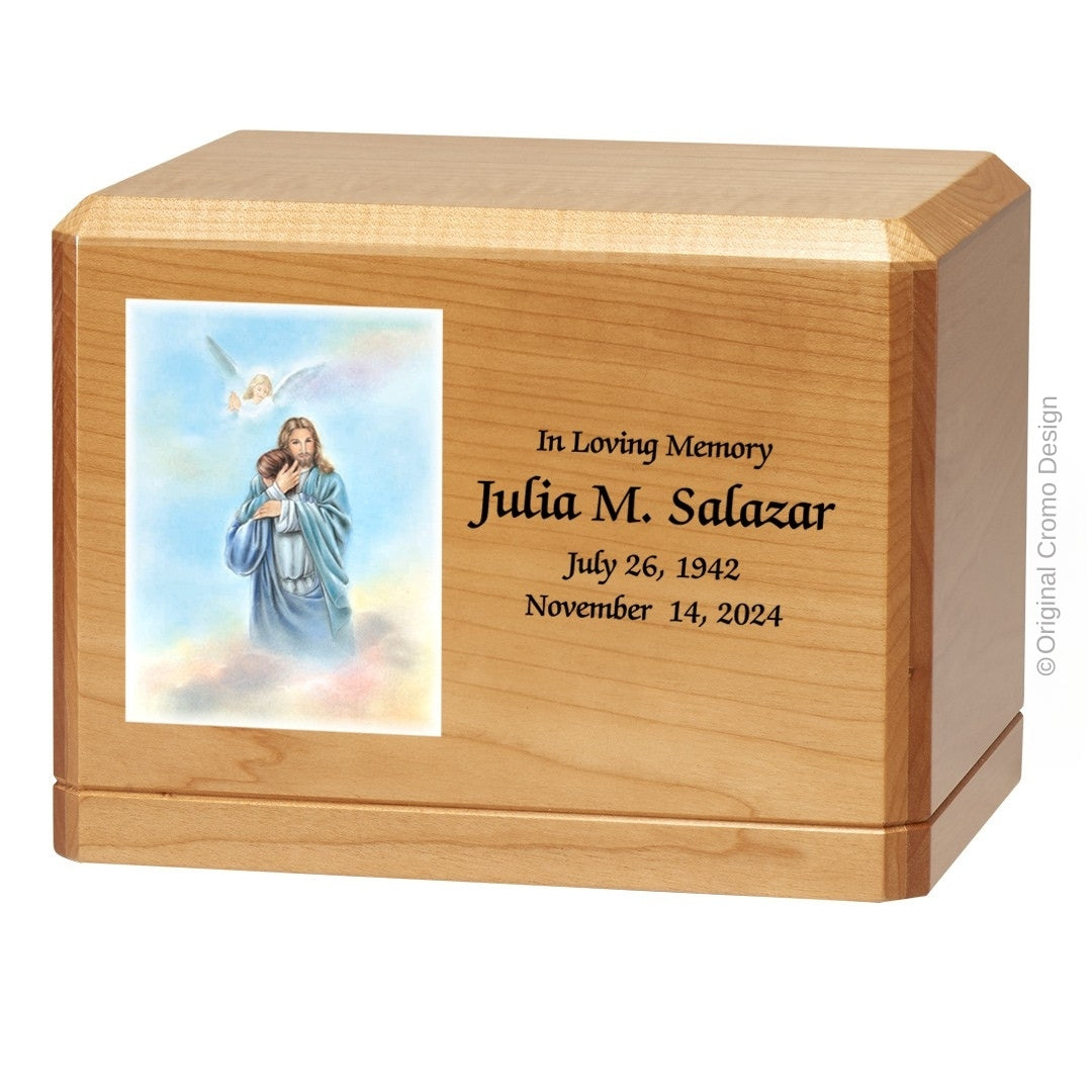 Catholic cremation urn with Paradise Jesus Hugging  Wood finish by Cromo NB