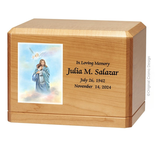 Catholic cremation urn with Paradise Jesus Hugging  Wood finish by Cromo NB