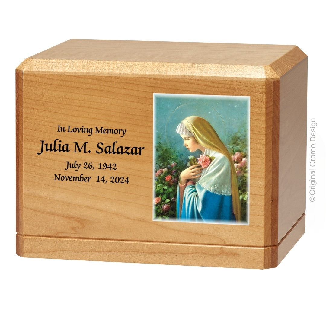 Catholic cremation urn with Mystical Rose  Wood finish by Cromo NB