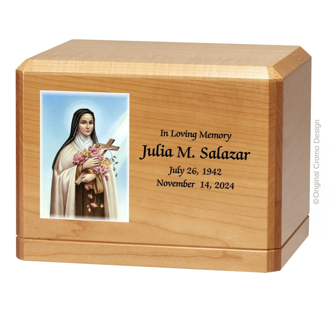 Catholic cremation urn with Saint Therese  Wood finish by Cromo NB