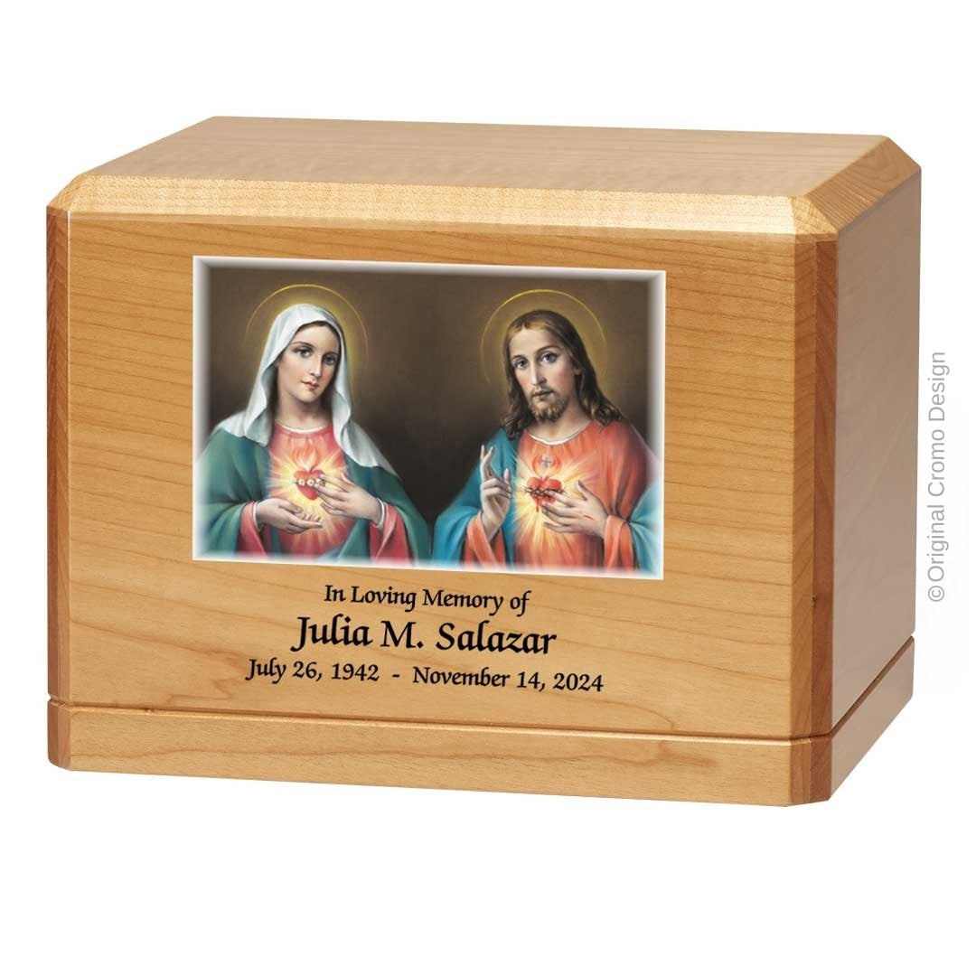 Catholic cremation urn with Twin Hearts  Wood finish by Cromo NB