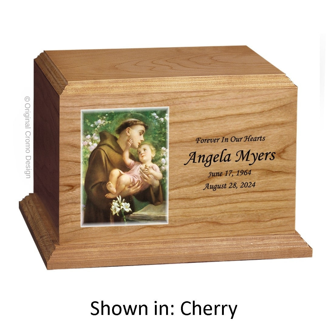 Catholic cremation urn with Saint Anthony  Cherry finish by Cromo NB