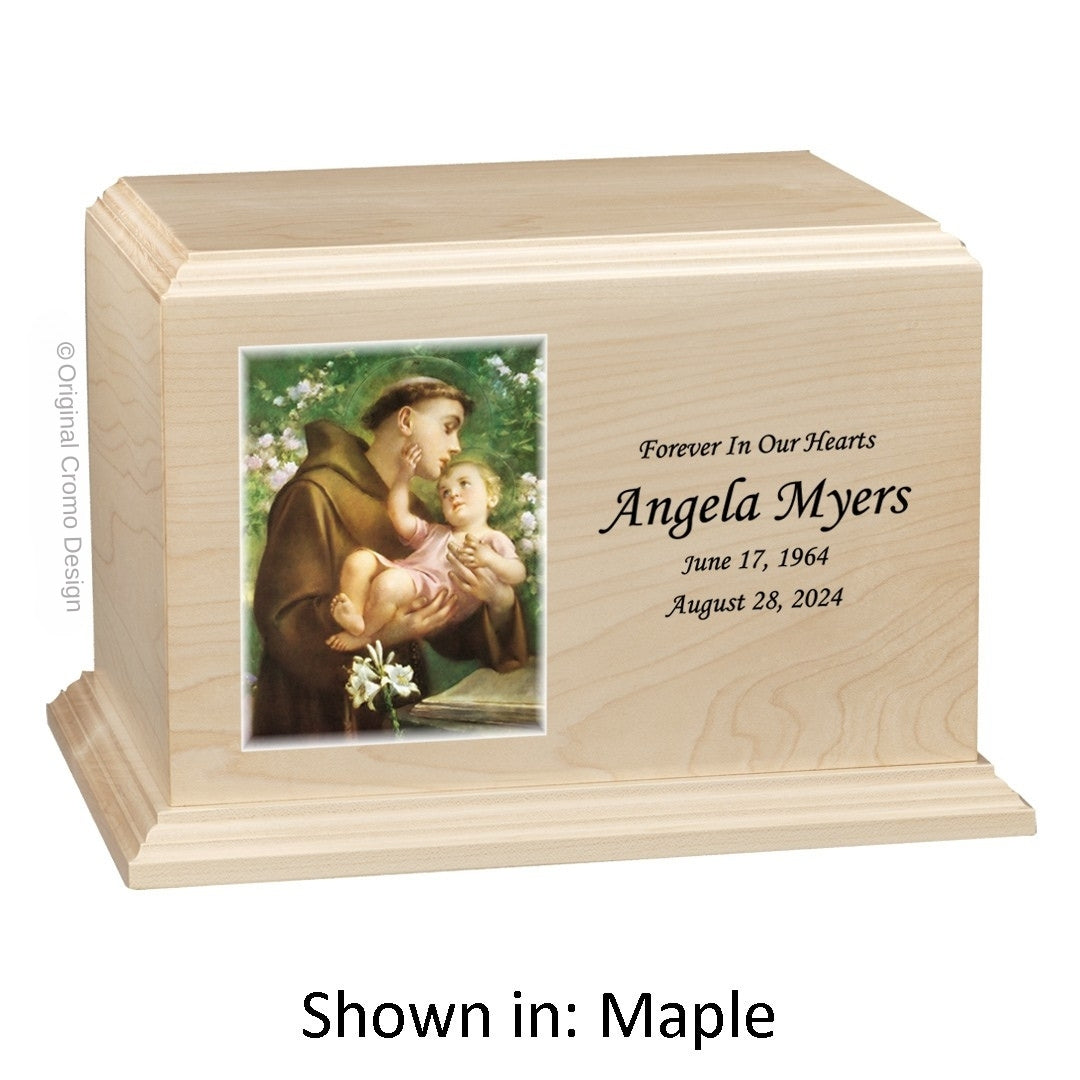 Catholic cremation urn with Saint Anthony  Maple finish by Cromo NB