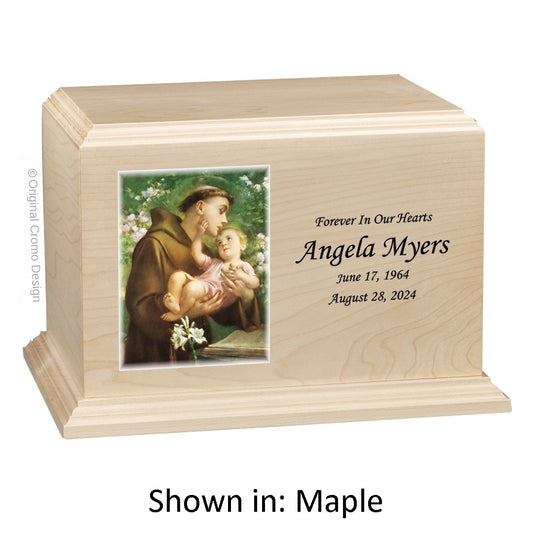 Catholic cremation urn with Saint Anthony  Maple finish by Cromo NB