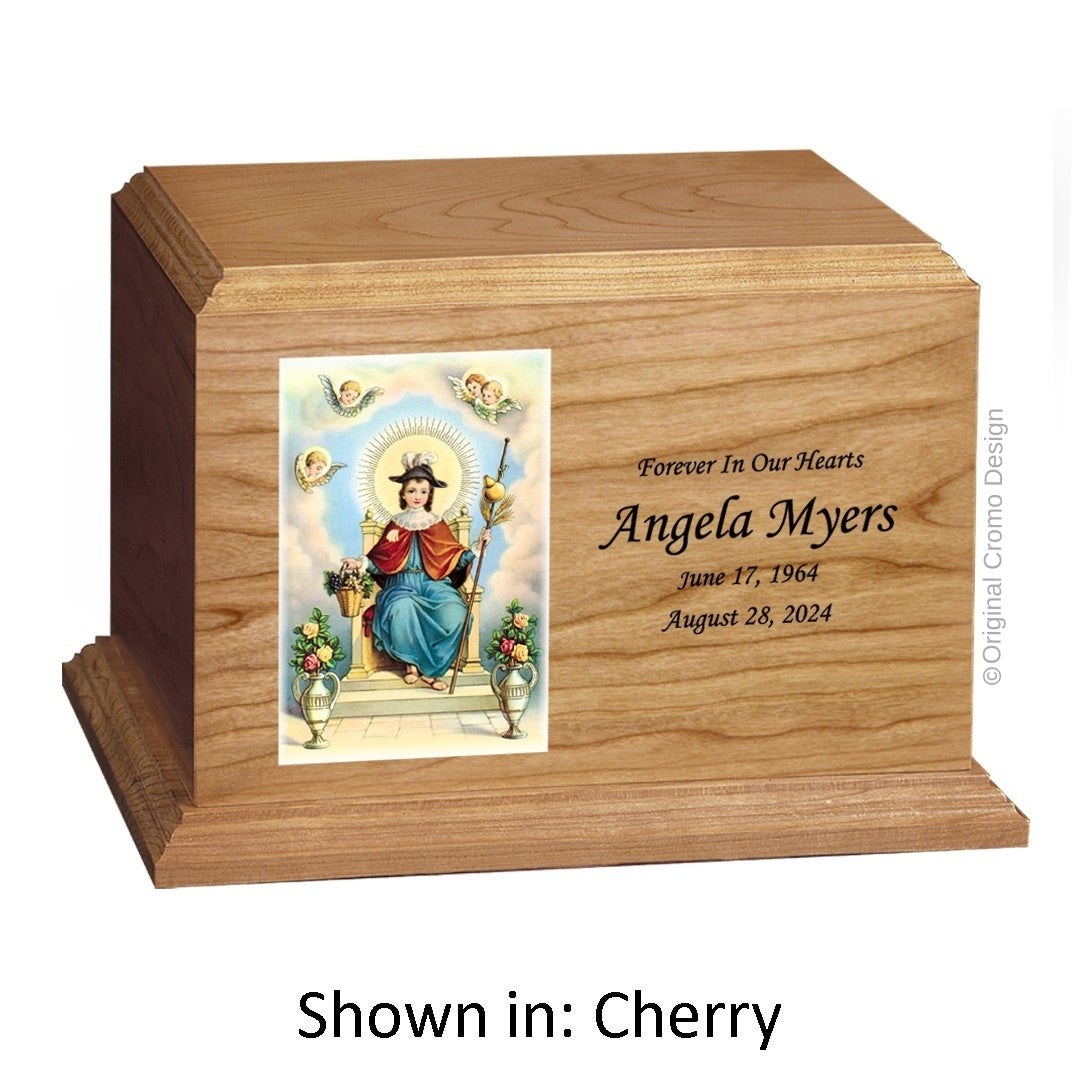 Catholic cremation urn with Child of Atocha  Wood finish by Cromo NB