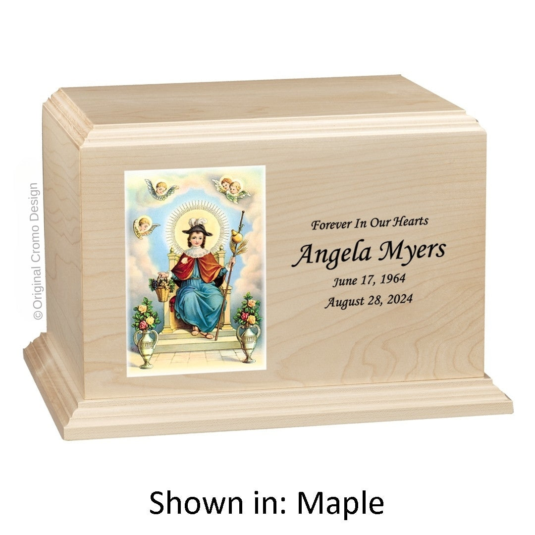 Catholic cremation urn with Child of Atocha  Wood finish by Cromo NB