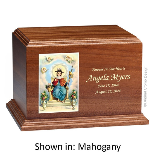 Catholic cremation urn with Child of Atocha  Wood finish by Cromo NB