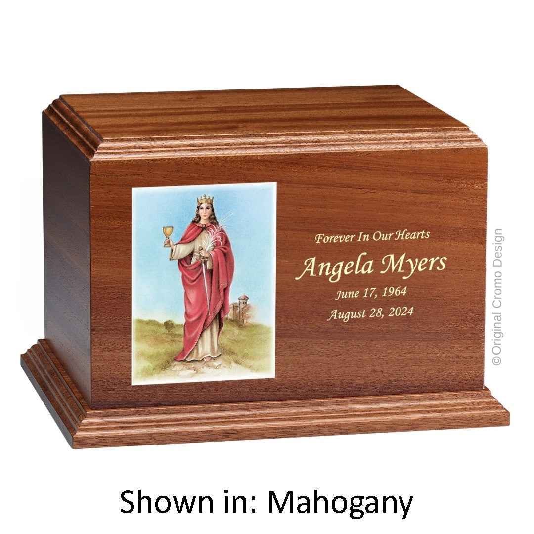 Catholic cremation urn with Our Lady of Santa Barbara  Wood finish by Cromo NB