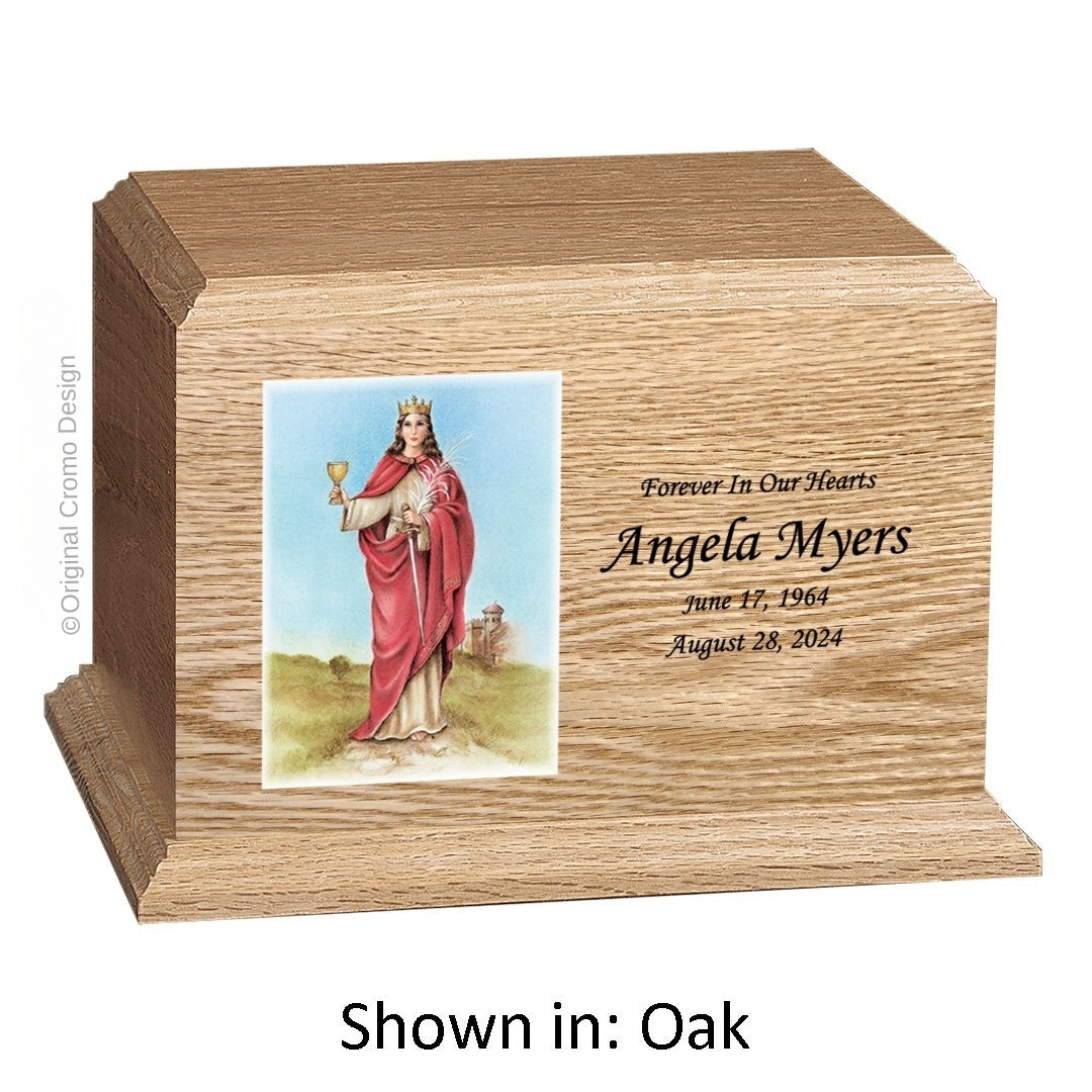 Catholic cremation urn with Our Lady of Santa Barbara  Wood finish by Cromo NB