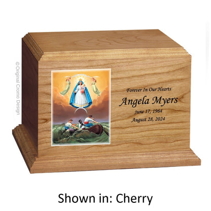 Catholic cremation urn with Our Lady of Santa Barbara  Wood finish by Cromo NB
