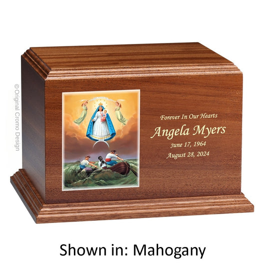 Catholic cremation urn with Our Lady of Charity  Wood finish by Cromo NB