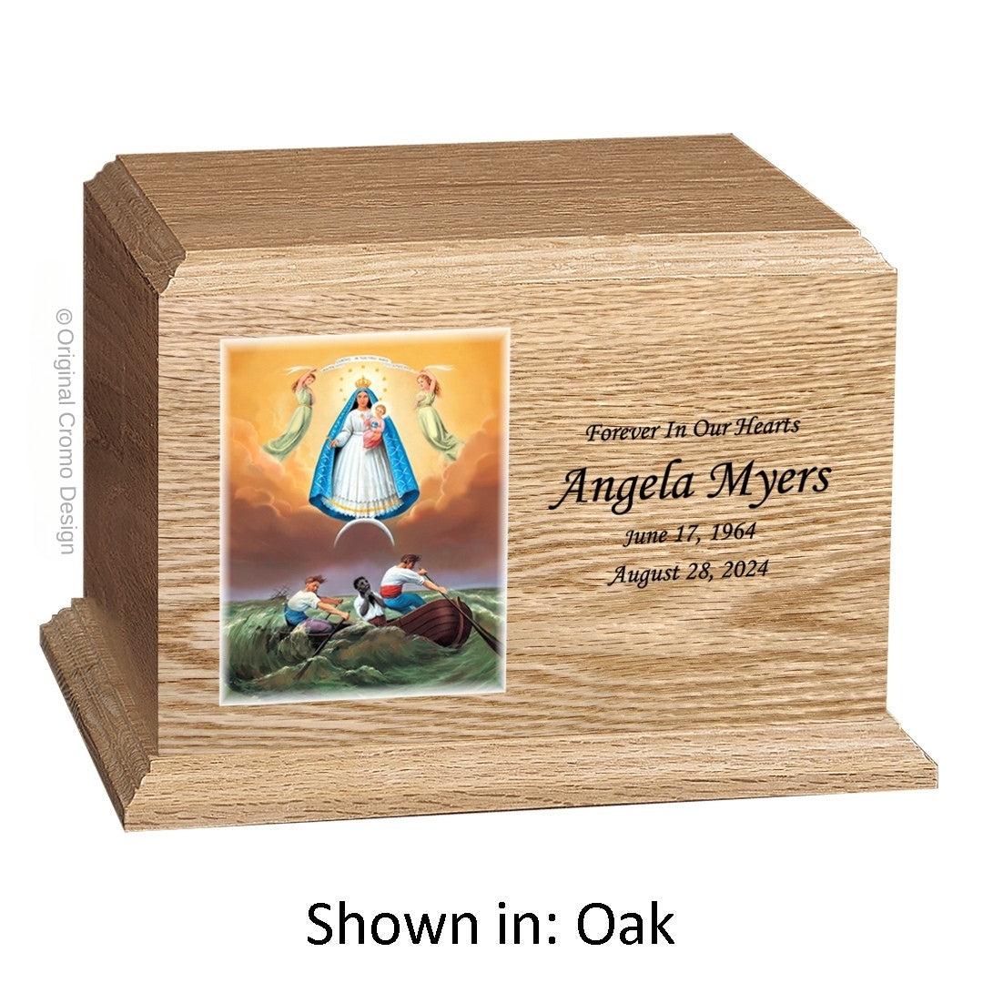 Catholic cremation urn with Our Lady of Charity  Wood finish by Cromo NB