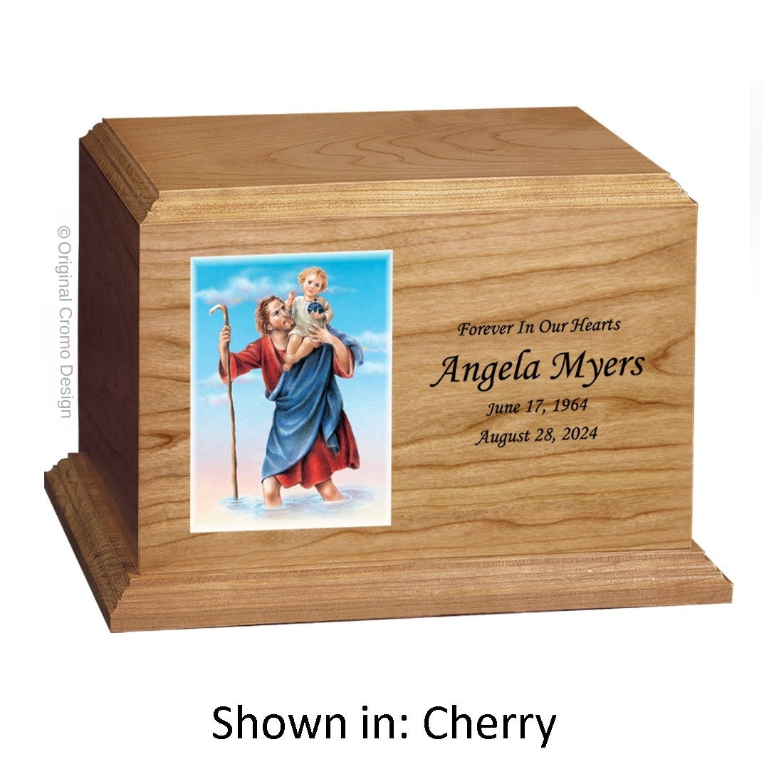 Catholic cremation urn with Our Lady of Charity  Wood finish by Cromo NB