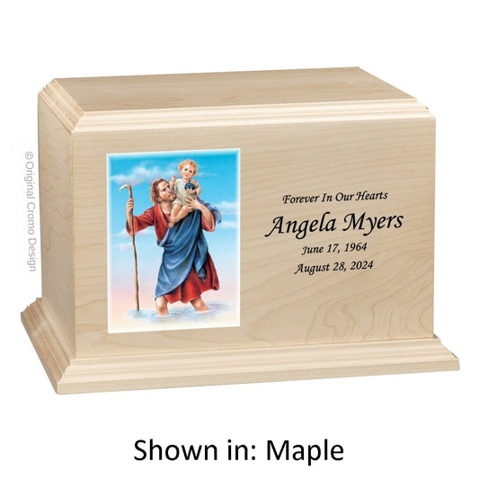Catholic cremation urn with Saint Christopher  Wood finish by Cromo NB