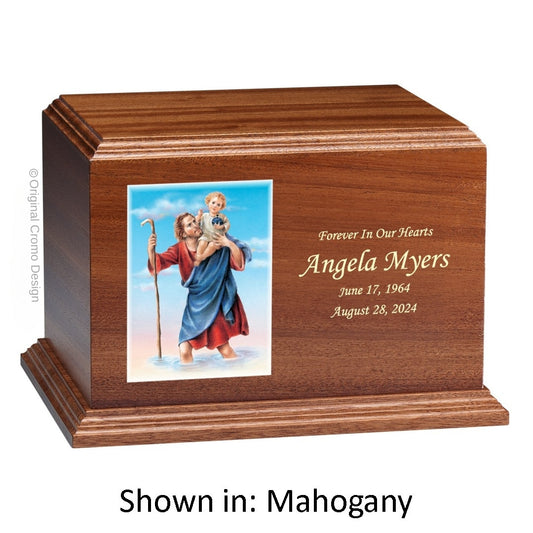 Catholic cremation urn with Saint Christopher  Wood finish by Cromo NB