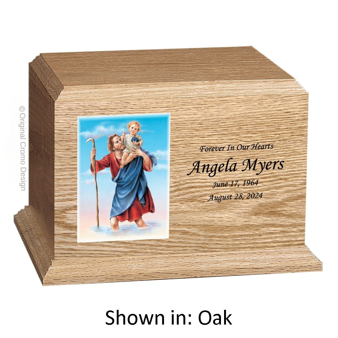 Catholic cremation urn with Saint Christopher  Wood finish by Cromo NB