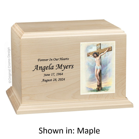 Catholic cremation urn with Crucifixion  Wood finish by Cromo NB