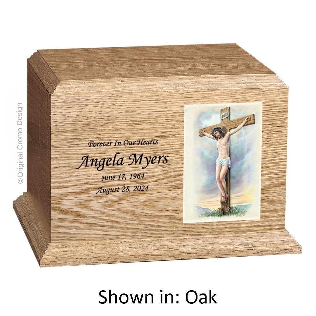Catholic cremation urn with Crucifixion  Wood finish by Cromo NB