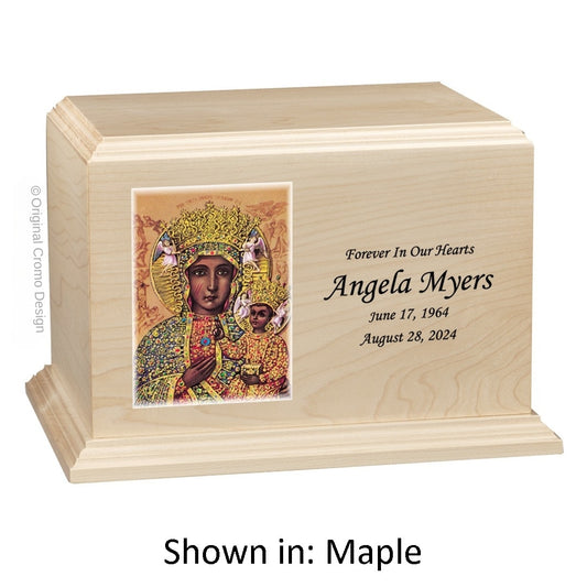 Catholic cremation urn with Our Lady of Czetechowa  Wood finish by Cromo NB