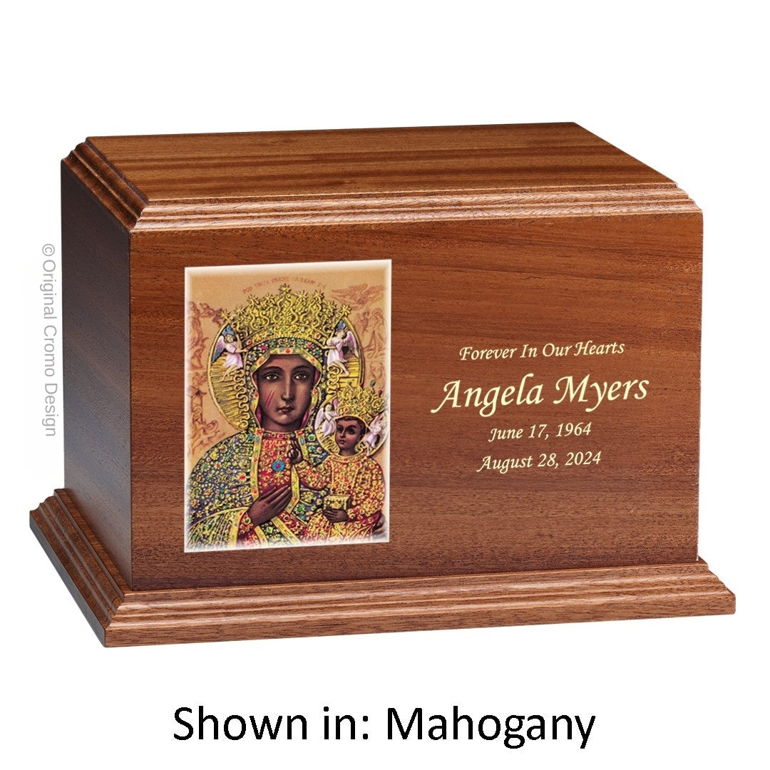 Catholic cremation urn with Our Lady of Czetechowa  Wood finish by Cromo NB