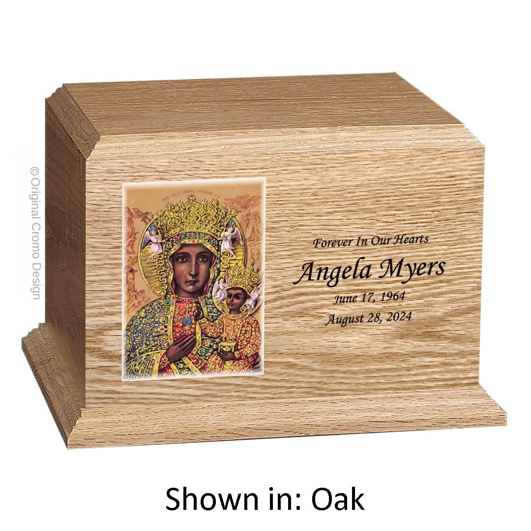 Catholic cremation urn with Our Lady of Czetechowa  Wood finish by Cromo NB