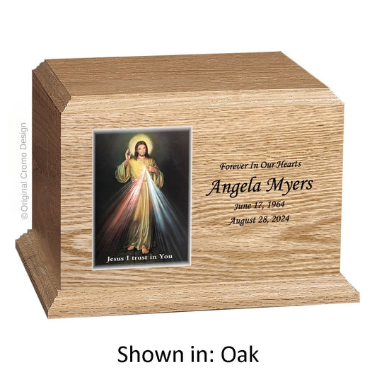 Catholic cremation urn with Divine Mercy English  Wood finish by Cromo NB